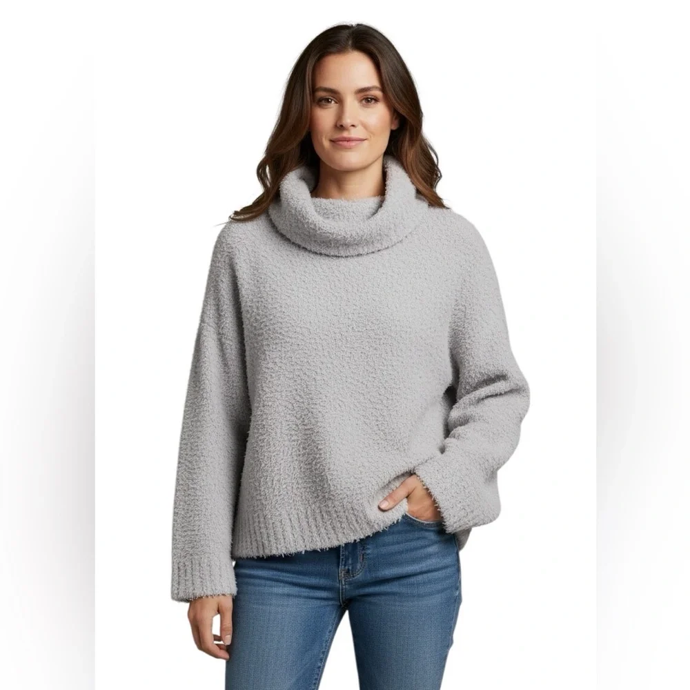 Miracle Gray Cowl Neck Long Sleeve Cuffed Cozy Knit Sweater. - Picture 2 of 5